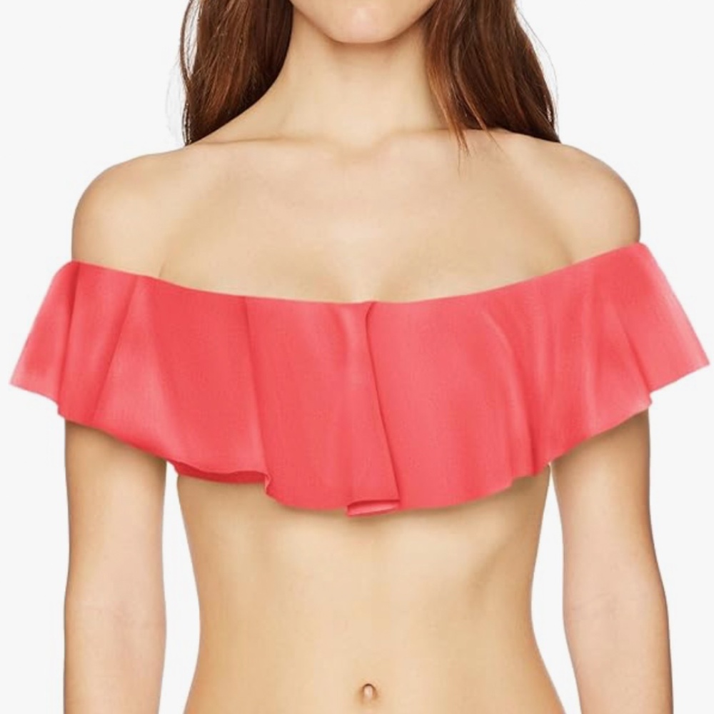 Trina Turk Off Shoulder Ruffle Bikini Top US 8 Coral Red Bandeau Swim